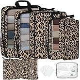 7 Pcs Compression Packing Cubes for Travel, Waterproof Suitcase Luggage Backpack Organizer with Toiletry Bag Travel Essentials for Women/Men-Leopard