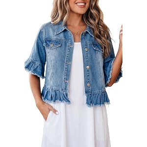 LEMAFER Women's Ruffle Hem Denim Jacket Casual Collared Button Down Half Sleeve Jean Jackets with Pockets