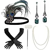 BABEYOND 1920s Flapper Accessories Gatsby Costume Accessories Set 20s Flapper Headband Pearl Necklace Gloves Plastic Holder