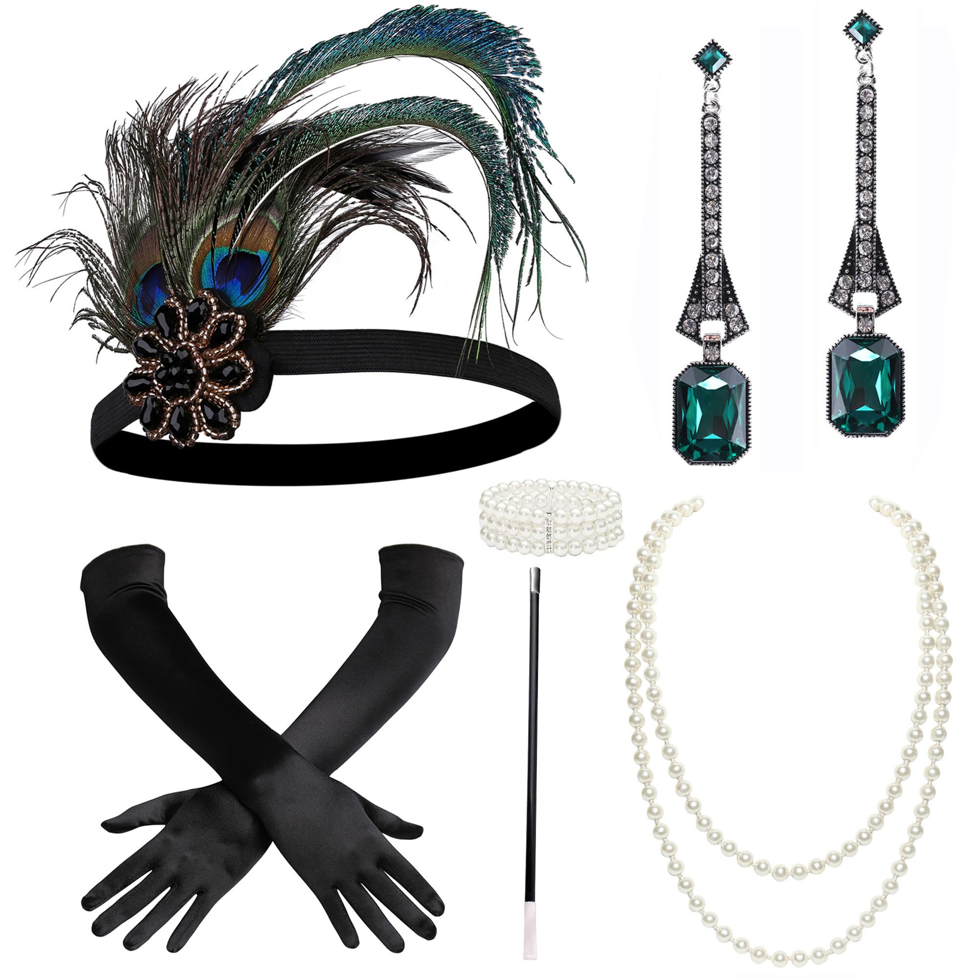 BABEYOND 1920s Flapper Accessories Gatsby Costume Accessories Set 20s Flapper Headband Pearl Necklace Gloves Plastic Holder, Set-111, One Size