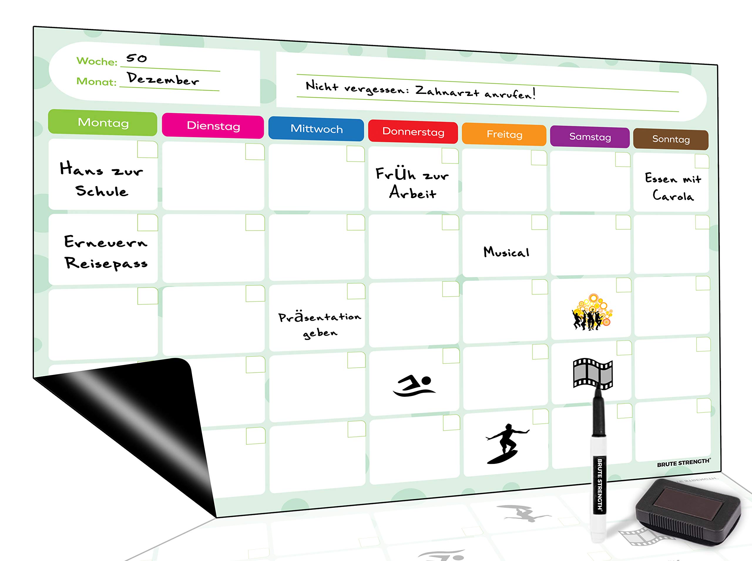 Brute Strength Magnetic Whiteboard Planner, Flexible Dry Erase Weekly Planner, Magnetic Memo Board for Fridge, Family Dinner (42 x 29 cm, White, Light Green)