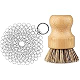 GAINWELL Stainless Steel Chainmail Scrubber Set Cast Iron Cleaner 4in with Wood Scrub Cleaning Brushes