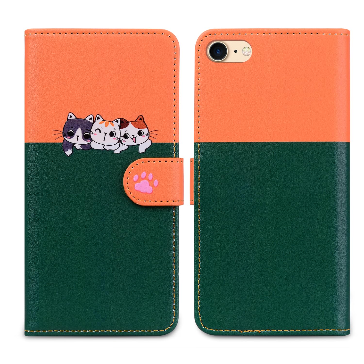 Nbziyoo Phone Case for iPhone 7/8,Cartoon Cats/Dogs Patterns Flip Wallet Case with Card Slots, Premium Magnetic PU Leather Cover Case for iPhone SE(2020)/SE(2022), Dark Green