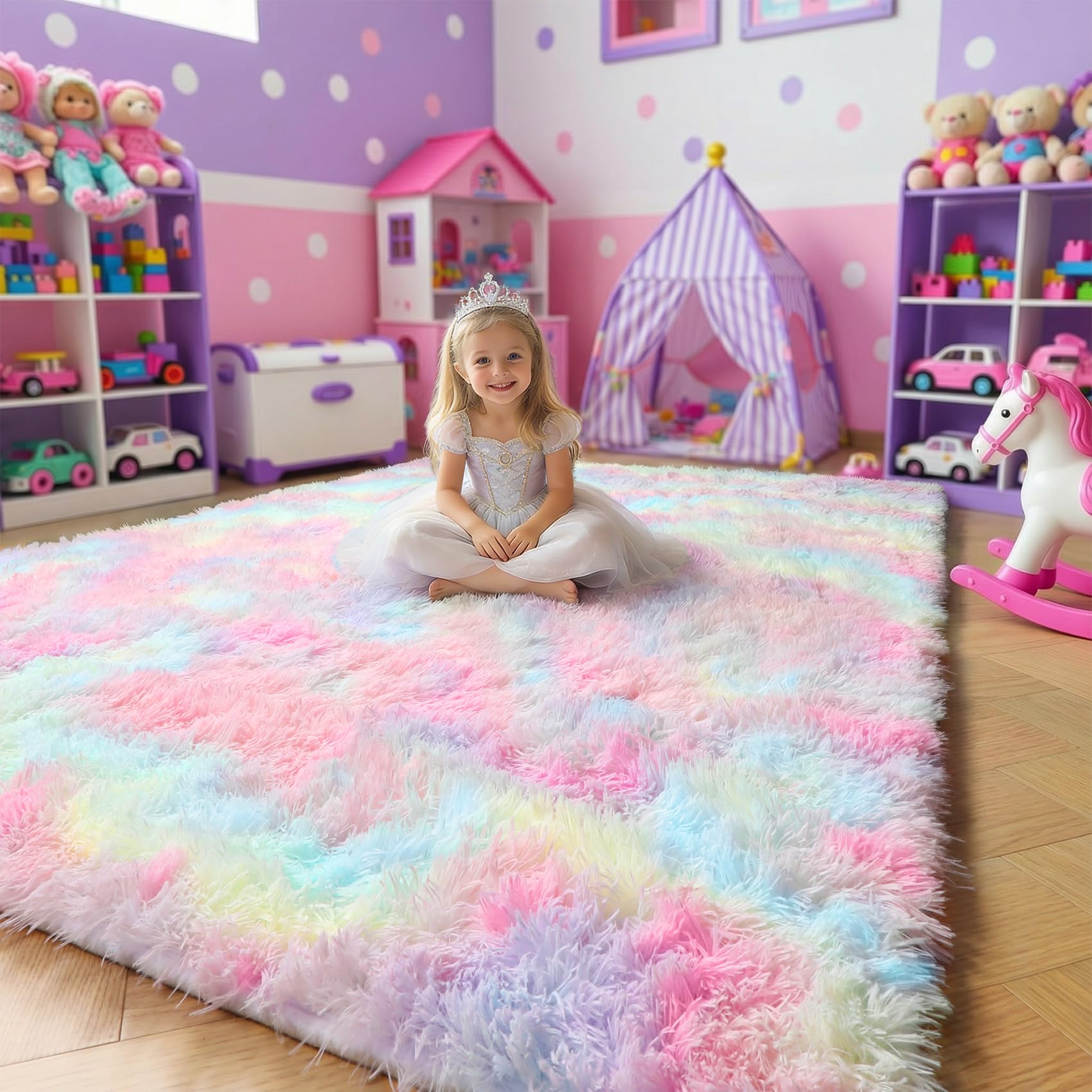 Rainbow Fluffy Rugs for Girls Bedroom, 4x6 Rug, Unicorn Room Decor,Pastel Area rug for Kids, Shag Carpet for Nursery, Soft Play Mat for Baby, Fuzzy Rug for Living room, Plush Throw Rug for Playroom — image 1