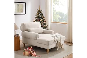 Condemo Modern Chaise Lounge Chair with Adjustable Backrest, Upholstered Indoor Leisure Sofa Recliner, Oversized Accent Chair Deep Seat Reading Armchair for Living Room, Bedroom, Office, Smoke White