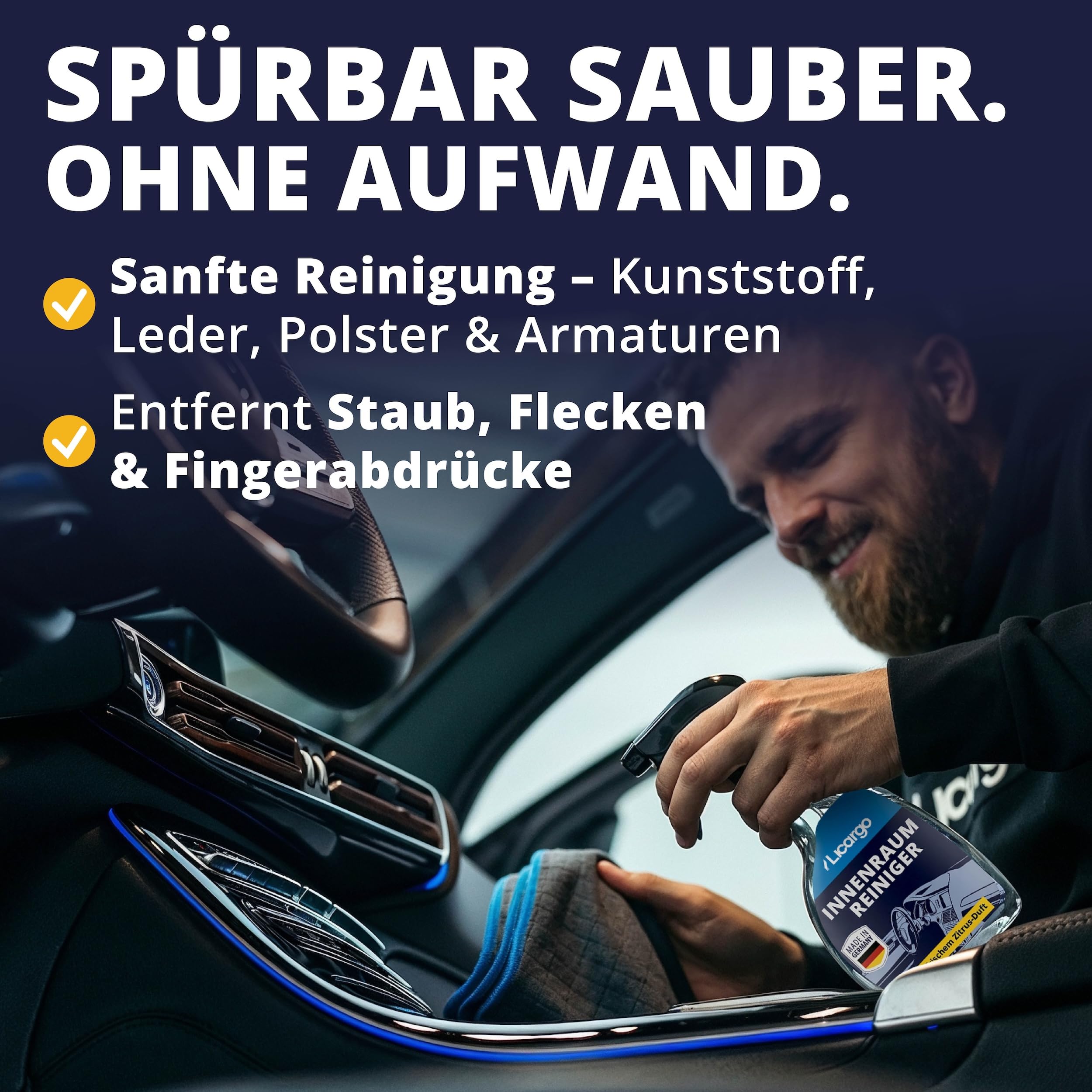 LICARGO Innenraumreiniger Auto 500 ml - Neuwagen-Frische in Minuten - Kraftvoll & schonend - Cockpitpflege Auto für Kunststoff, Leder & Armaturen - Polsterreiniger & Cockpitspray für den Innenraum 4