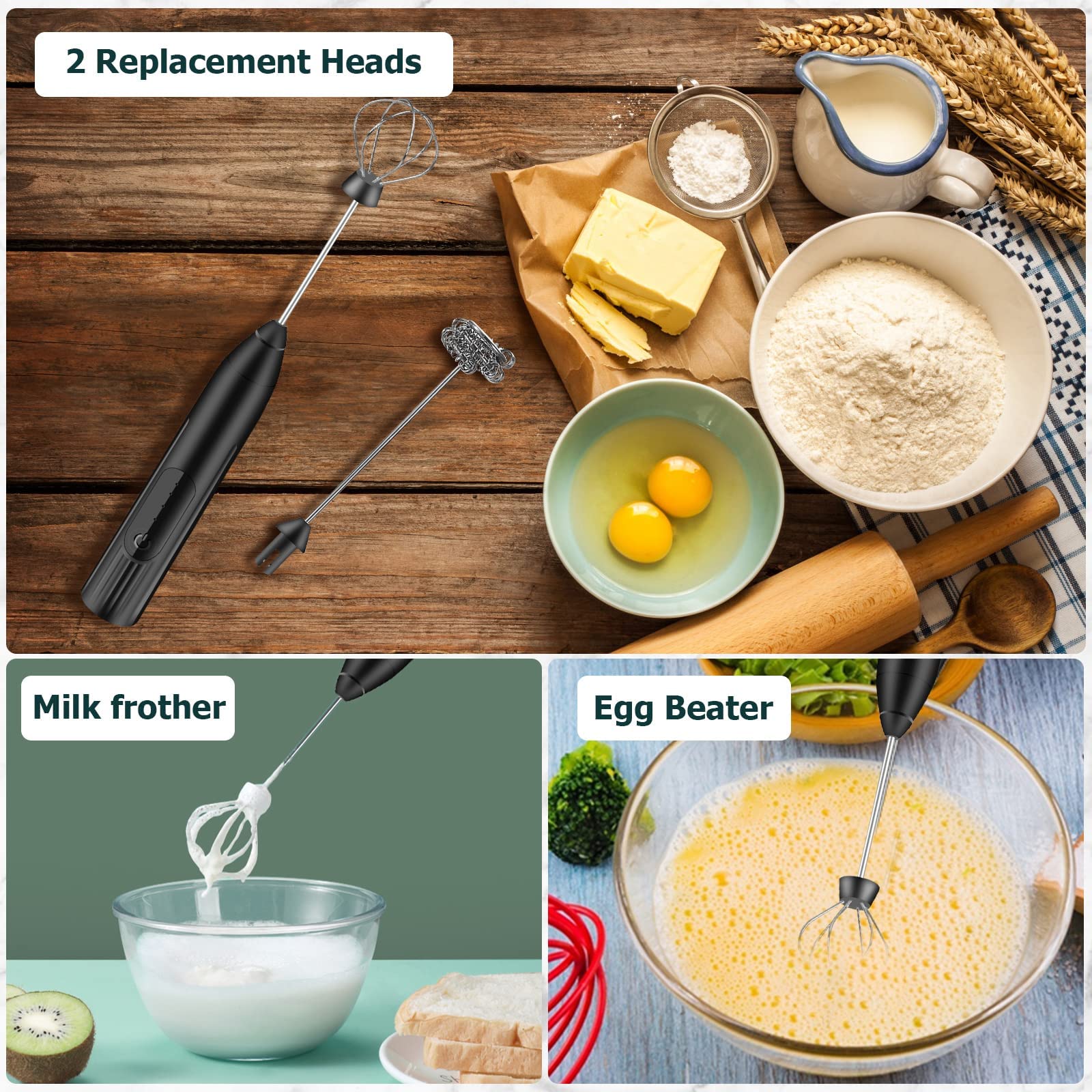 milchaufschäumer elektrisch stab,USB wiederaufladbar ​milchschäumer,melektrischer schneebesen 3 einstellbare geschwindigkeiten edelstahl für kaffee cappuccino latte heiße schokolade (Schwarz) 3