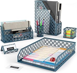 Arteza Desk Organizer Accessories Set in Dark Green, 6-Piece Includes Pencil Cup Holder, Letter Sorter, Letter Tray, Magazine Holder, Name Card Holder, Sticky Note Holder for Home or Office