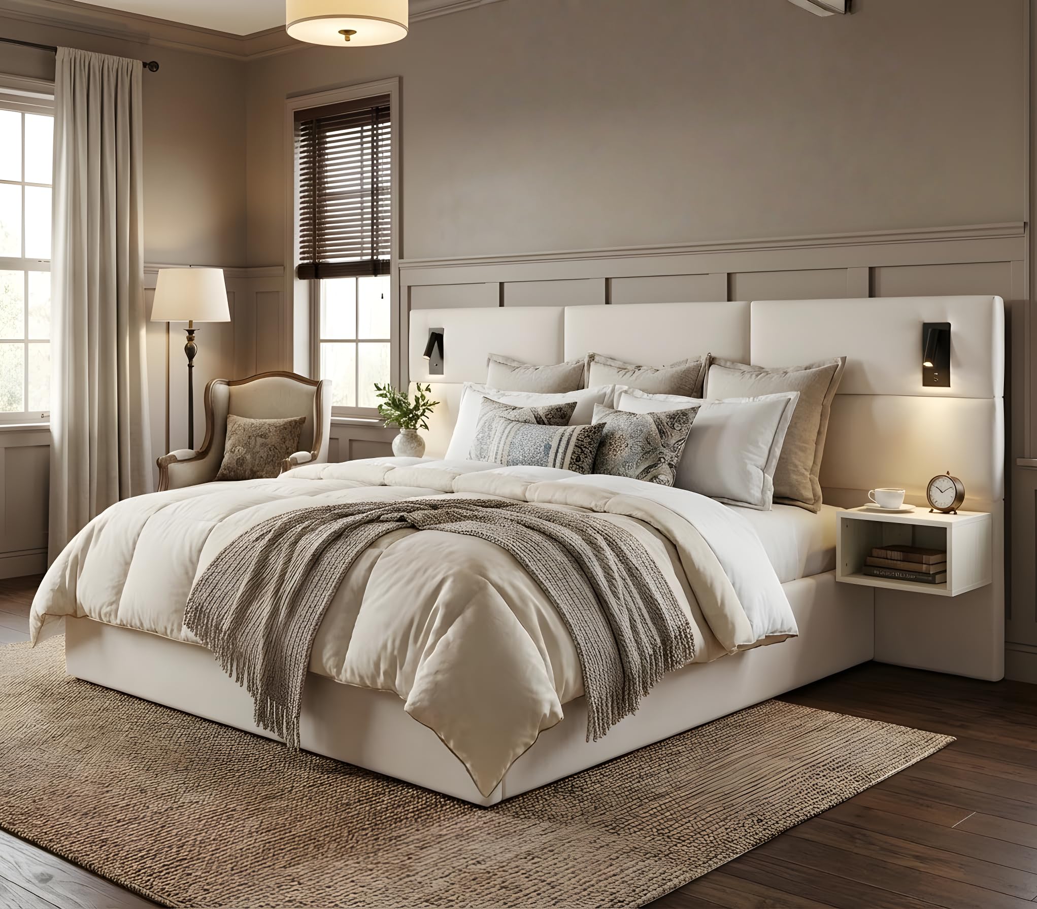Photo 1 of **PARTIAL SET ONLY BOX 2 OF 2, MISSING BOX 1 OF 2***
Merax King Size Bed Frame and Upholstered Headboard, Modern Platform Bed with 2 Built-in Open Nightstand & Adjustable Reading Lamp, Soft White Bed Frame with Sturdy Wood Slats, No Box Spring Needed