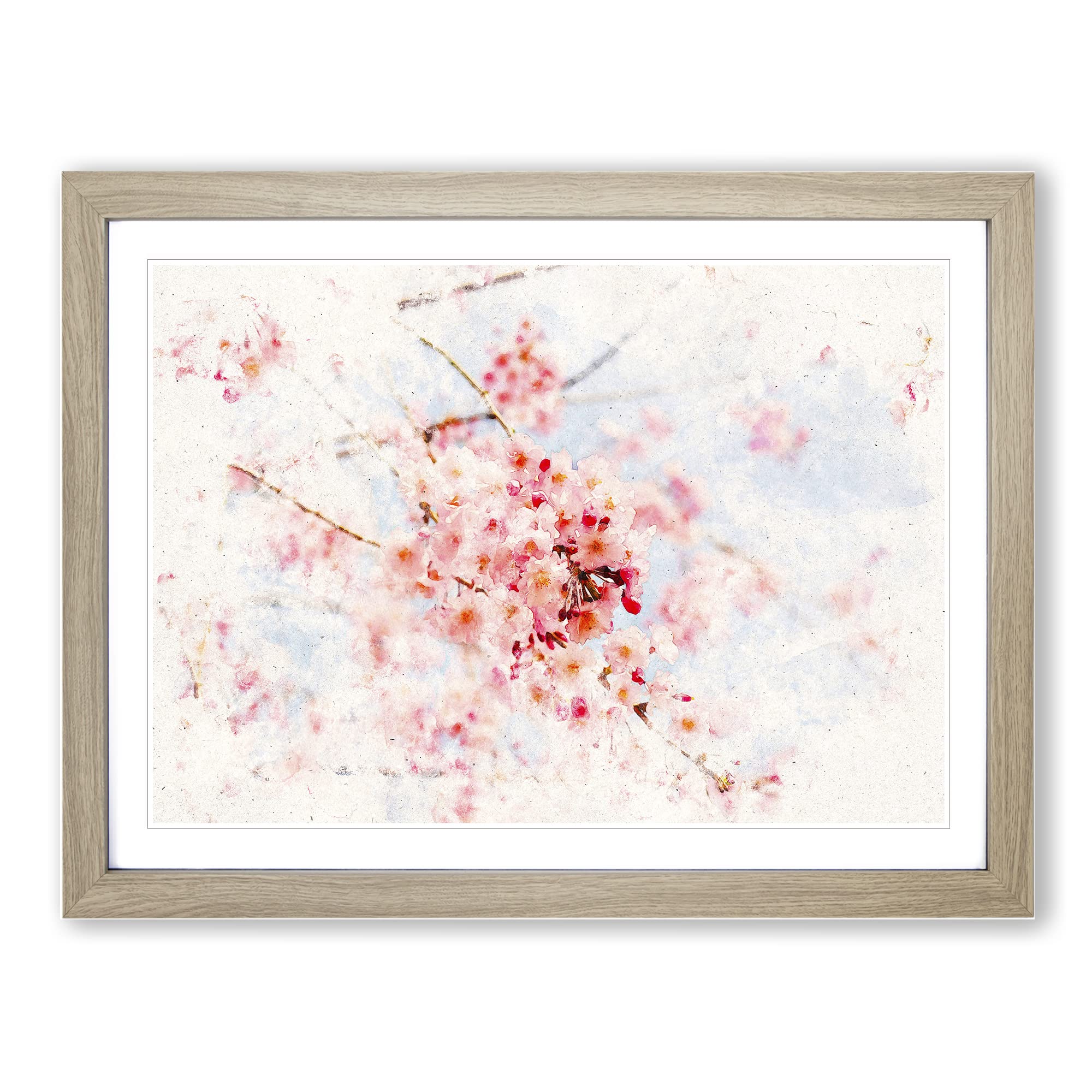 Pink Cherry Blossom Flowers Vol.9 Watercolour Modern Framed Print | A3 Oak Framed Wall Art | Ready to Hang | Modern Floral Picture | Living Room Bedroom Lounge Office