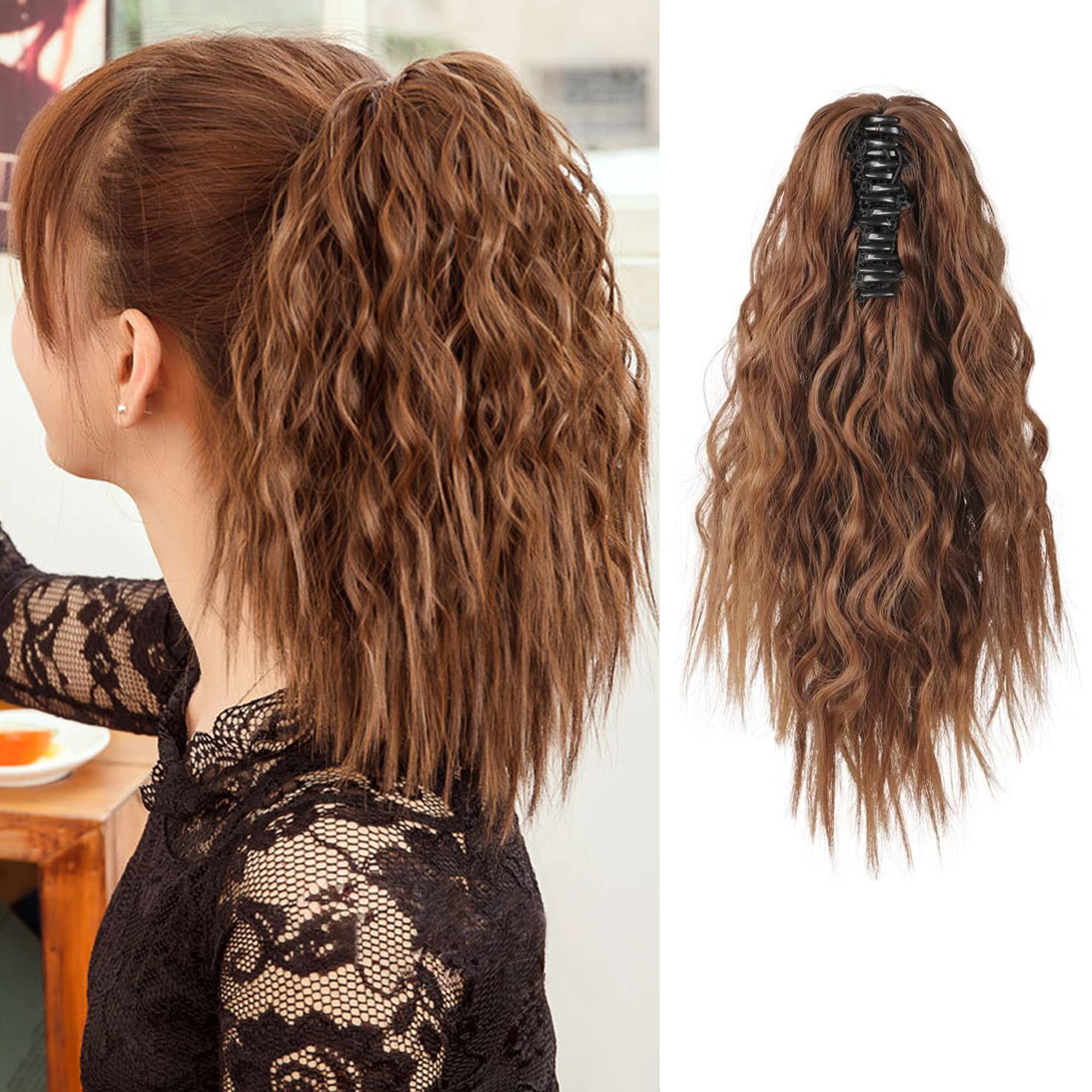 MEIRIYFA Brown Claw Ponytail Extension Short Wavy Ponytail Hairpieces Corn Wave Clip in Hair Extensions Ponytail for Women 40 cm, 15.75 inch