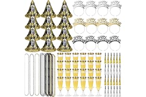 BEAPTCELY New Years Eve Party Supplies for Guests Includes Cone Hats Headbands Tiaras Champagne Flutes Bead Necklaces Squawkers