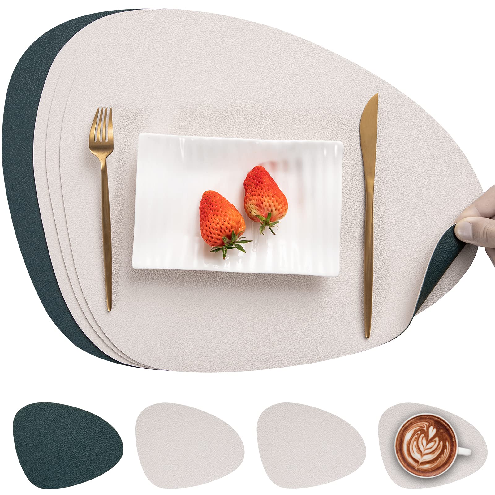 Myir JUN Leather Table Mats and Coasters, Placemat Round PU Waterproof Dual-Sided Kitchen Place Mats Coffee Mats Non-Slip Washable Placemats and Coaster Sets 4 (Set of 4, Pearl-White Green)