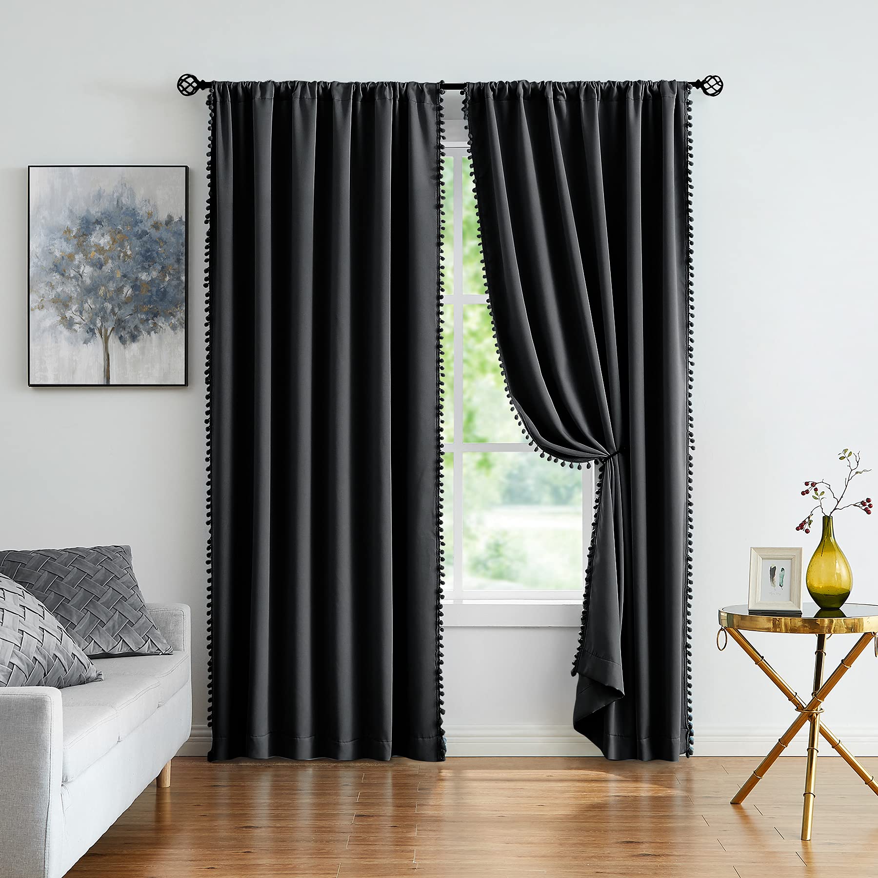 Treatmentex Pom Pom Blackout Curtains Black 45" Half Window Curtain Set for Small Window Basement Laundry Short Drapes 2Panels Rod Pocket