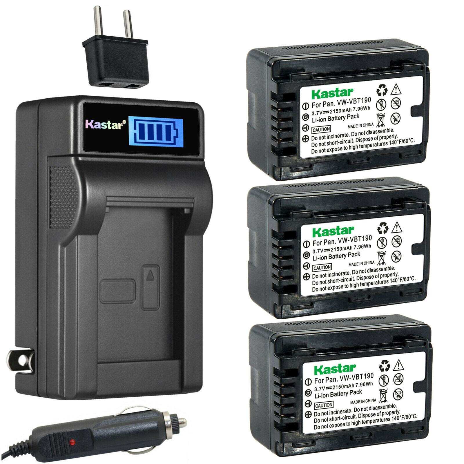 Kastar 3-Pack VW-VBT190 Battery and LCD AC Charger Compatible with Panasonic HC-V800, HC-V800K, HC-V