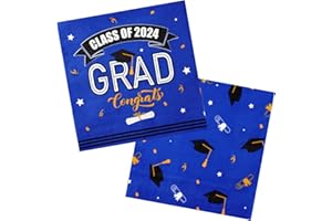 HUNANYUME 100 Pcs Graduation Paper Napkins Congrats Grad Disposable Cocktail Napkins, 3-Ply Class of 2024 Decorative Party Napkins for High School University College Graduation Party Decoration (Blue)