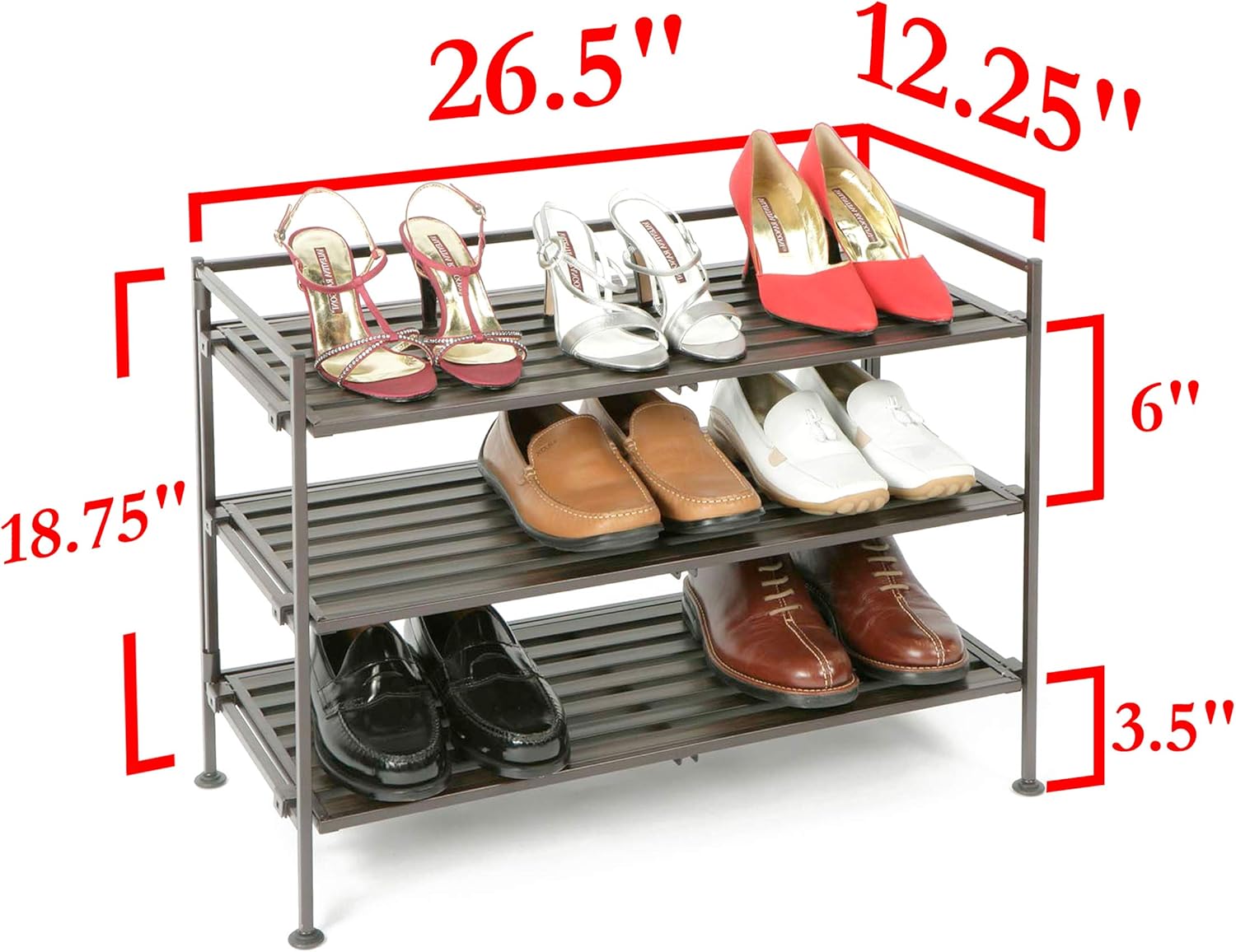 Seville Classics 3-Tier Stackable 12-Pair Shoe Rack Wood Resin Metal Freestanding Storage Shelf for Bedroom, Closet, Entryway, Dorm Room, Espresso Slat: Home & Kitchen