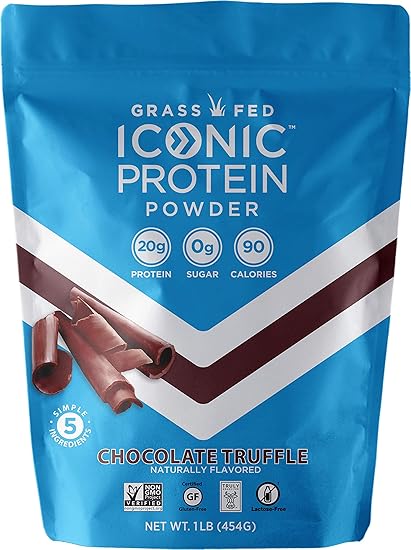 Iconic Protein Powder, Chocolate Truffle, 1 Lb (17 Serving) | Sugar Free, Low Carb Protein Shake | 20g Grass Fed Whey Protein & Casein | Lactose Free, Gluten Free, Kosher, Non-GMO | Keto Friendly