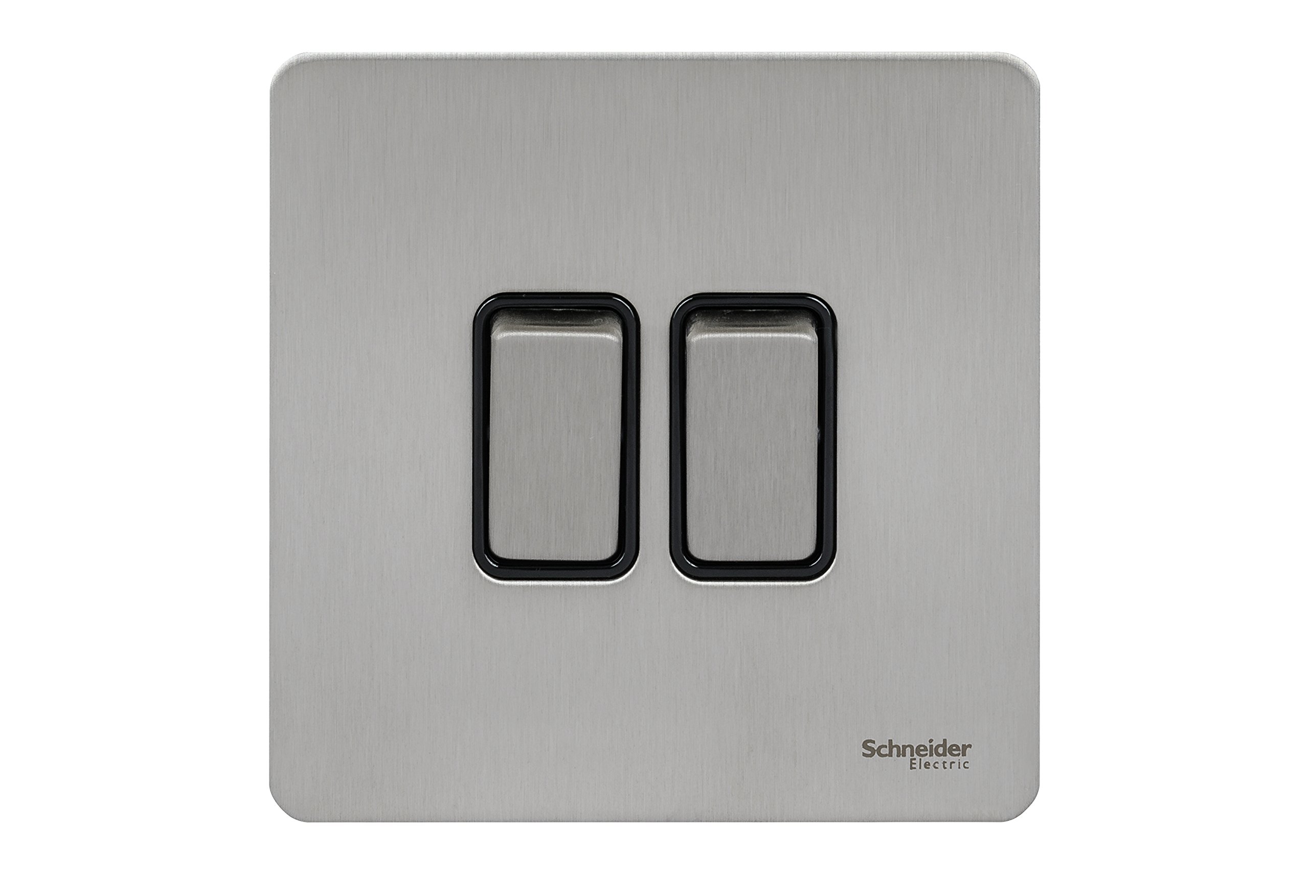 Schneider Electric Ultimate Screwless Flat Plate - Double Rocker 2 Way Light Switch, Single Pole, 16AX, GU1422BSS, Stainless Steel with Black Insert