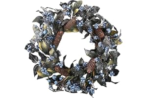 BINFEN 20 Inch Snow Flocked Metallic Look Winter Wreath with Blue Berry & Pinecone- Artificial Christmas Wreaths for Front Door Porch Wall Window Porch Fireplace Outdoor Décor