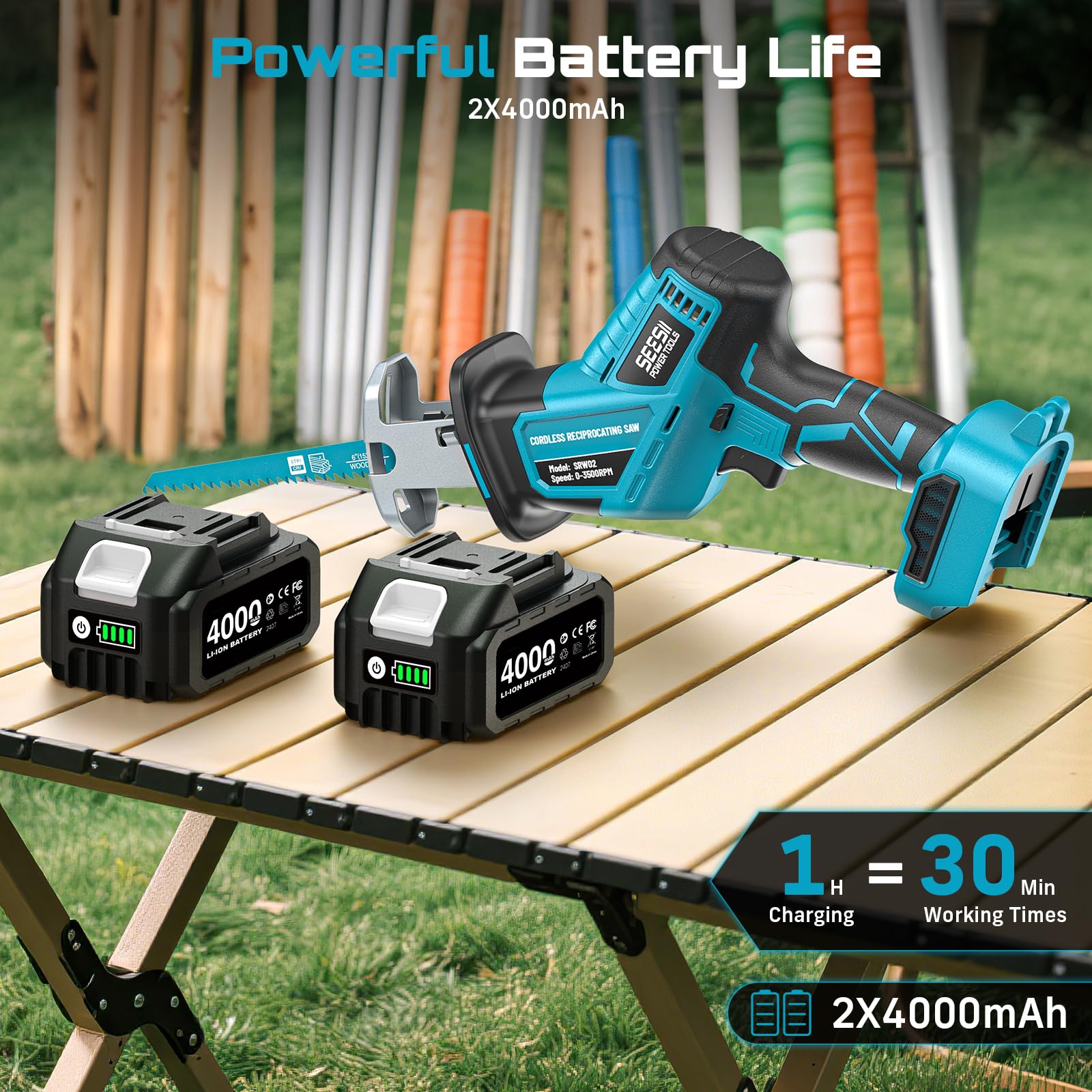 SEESII Säbelsäge Akku, 3500 RPM Bürstenloser Motor Akku Universalsäge mit 2 x 4.0Ah Batterien, LED Licht, 6 Sägeblätter tragbar für Holz PVC Schneiden 2