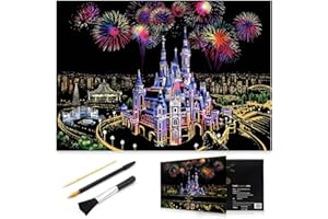 MIASTAR Scratch Painting Kits for Adults & Kids, Craft Art Set, Rainbow Scratch Art Painting Paper, Sketch Pad DIY Night View Scratchboard, 16'' x 11.2'' Creative Gift - with 3 Tools (Dream Castle)
