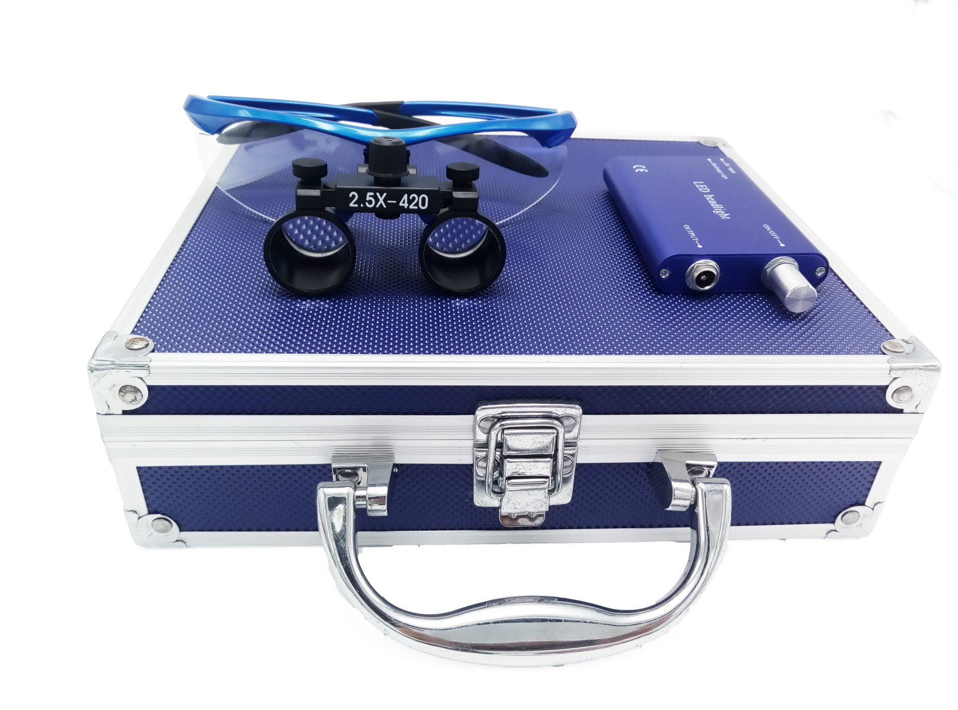 Hot Dental Surgical Medical Binocular Loupes 2.5×420mm Optical Glasses with 3W LED Headlight Lamp + Aluminum Box (Blue)
