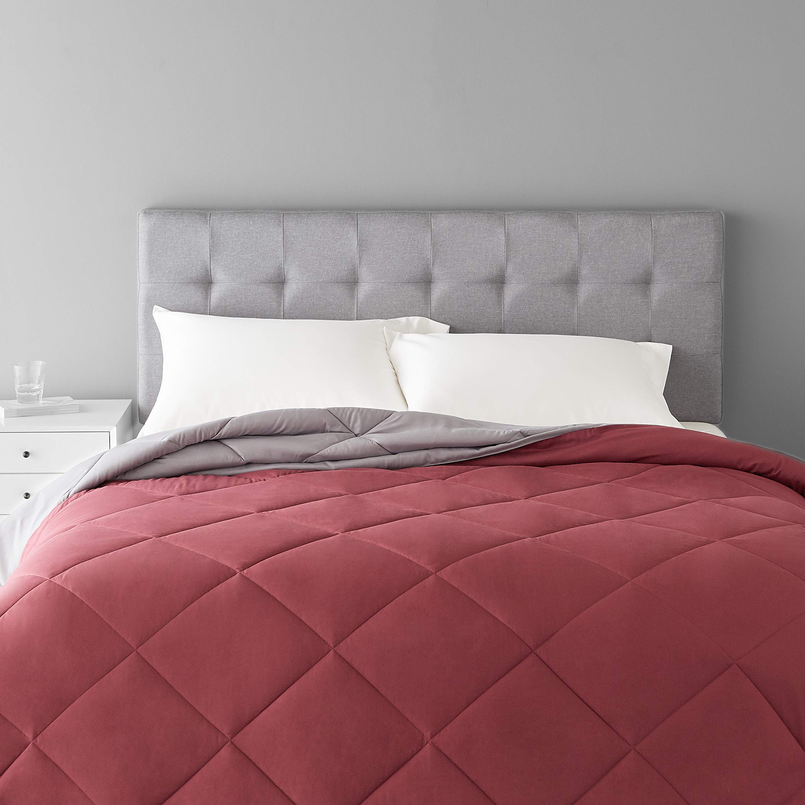 Amazon Basics Reversible Microfiber Comforter Blanket - Full / Queen, Burgundy / Grey