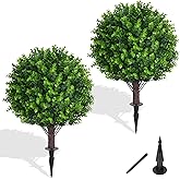 Yangrass Artificial Eucalyptus Topiary Ball Trees with Ground Spike, Set of 2 UV Resistant Artificial Shrubs, Fake Evergreen Artificial Plant Bushes for Indoor Outdoor Front Porch Garden