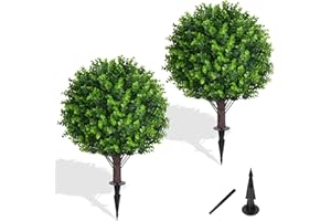 YANGRASS Artificial Eucalyptus Topiary Ball Trees with Ground Spike, Set of 2 UV Resistant Artificial Shrubs, Fake Evergreen Artificial Plant Bushes for Indoor Outdoor Front Porch Garden