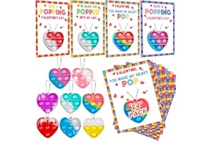 FLYSNK 24 Pack Valentines Day Gifts for Kids Classroom with Pop Heart Fidget Toys Keychain Valentines Day Cards for Kids Valentine Exchange Cards for Kids Class Party Favors Gifts Set Toddlers Girls Boys