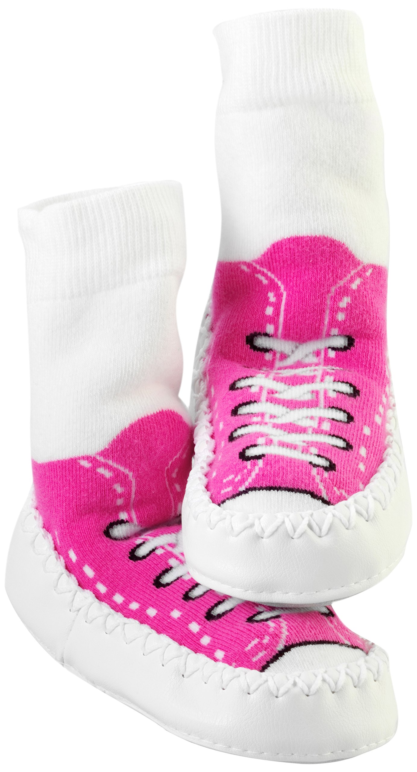 Mocc Ons moccasin washable leather sole slipper socks (24-36 Months, Sneaker Fuchsia)