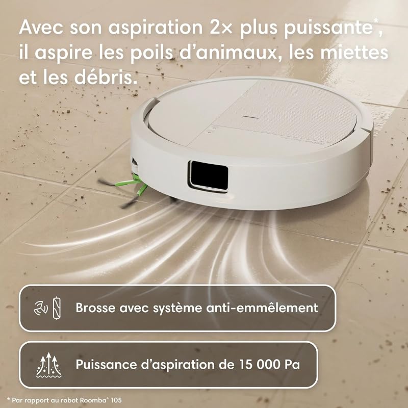 Roomba 115 Combo - Robot Aspirateur Laveur 2en1 - Puissance d'Aspiration de 15KPa - Brosse latérale étendue - Lingette de Lavage déportée - Navigation LiDAR - Blanc