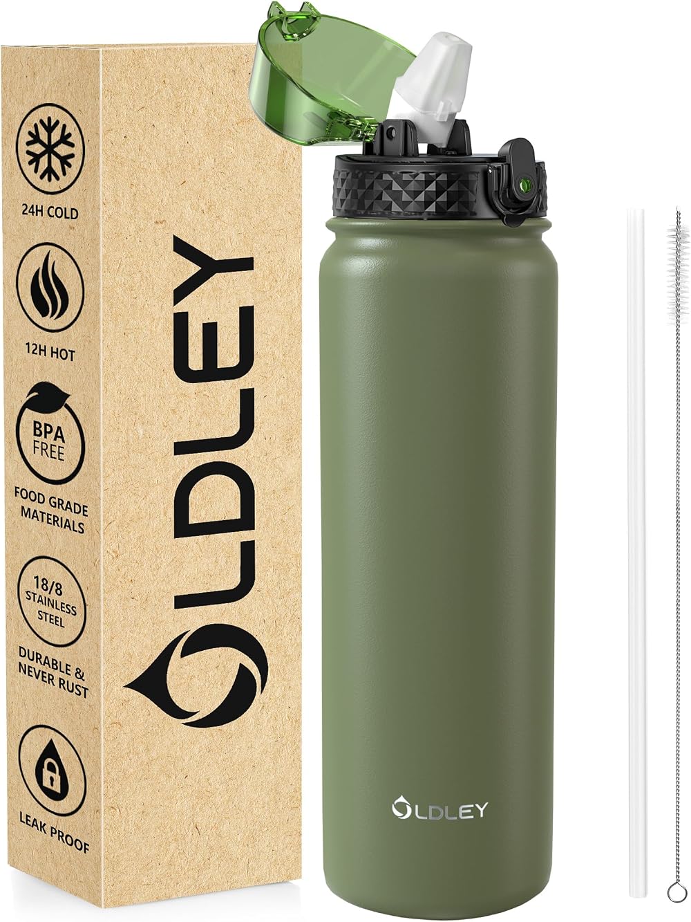 OLDLEY 1L Stainless Steel Water Bottle with Straw Lid Vacuum Insulated Olive