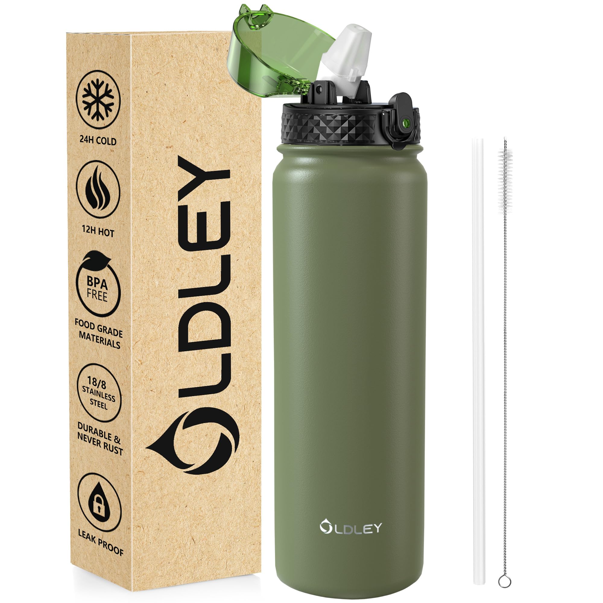 OLDLEY Stainless Steel Water Bottle with Straw 1L Vaccum Insulated Large Drink Flask Metal Water Bottles 1 Litre Leakproof Keep Drinks Hot Cold for Camping Sports Gym Adult Women Men(Olive, 1 Lid)