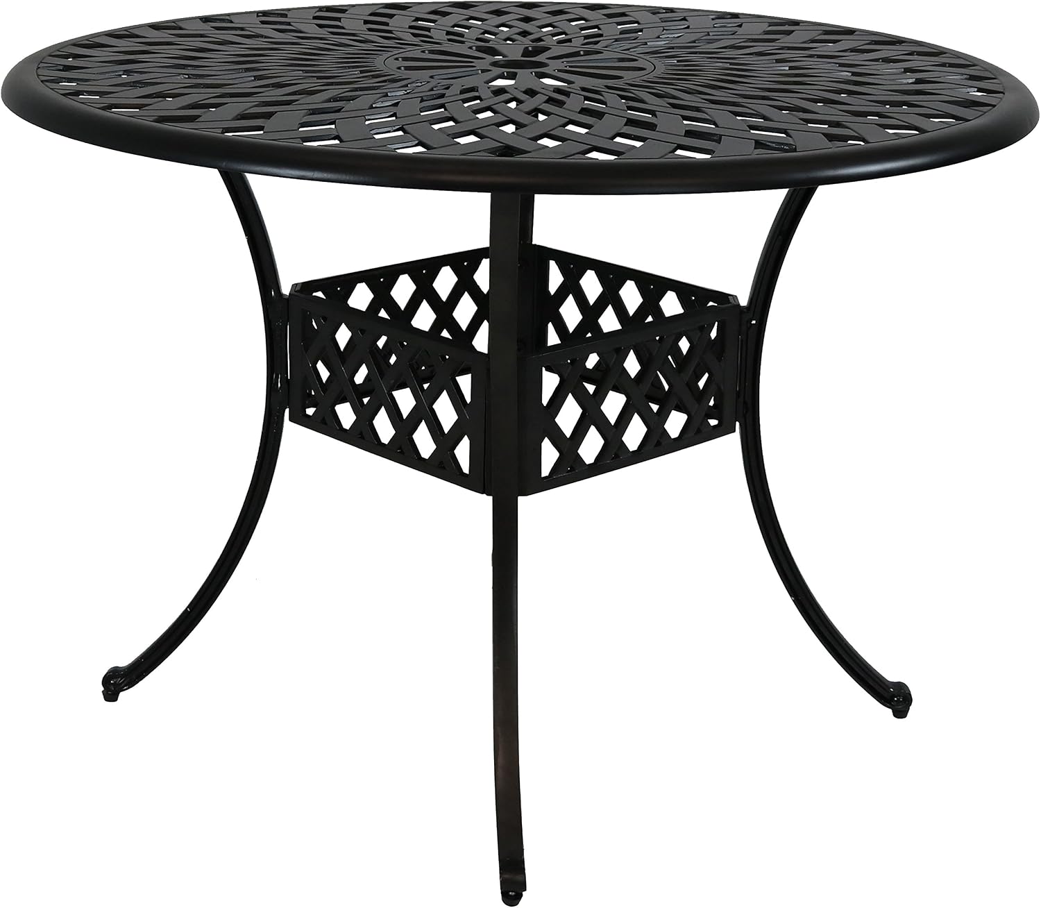 Amazon Com Sunnydaze Round Patio Dining Table Outdoor Durable Cast Aluminum Construction Decorative Crossweave Design Outside Patio Furniture With Umbrella Hole Perfect For Porch Or Poolside 41 Inch Garden Outdoor