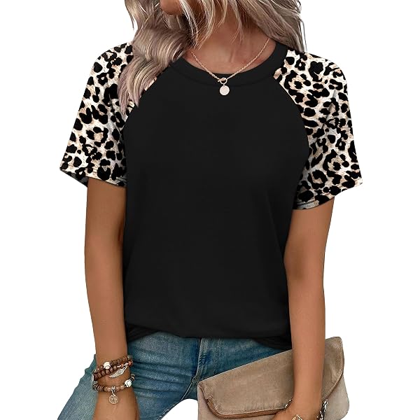 Leopard Print Tops for Women Long Sleeve Crew Neck Patchwork T