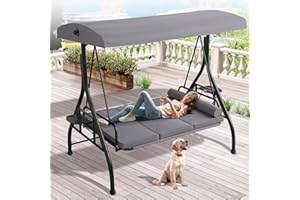 Grepatio Outdoor Porch Swing with Canopy and Stand, 3 Person Patio Swing for Adults, Convertible 2 in 1 Porch Bed Swing with Cup Holder, 3 Seat Swings with 2 Pillow Cushions for Garden, Yard (Grey)