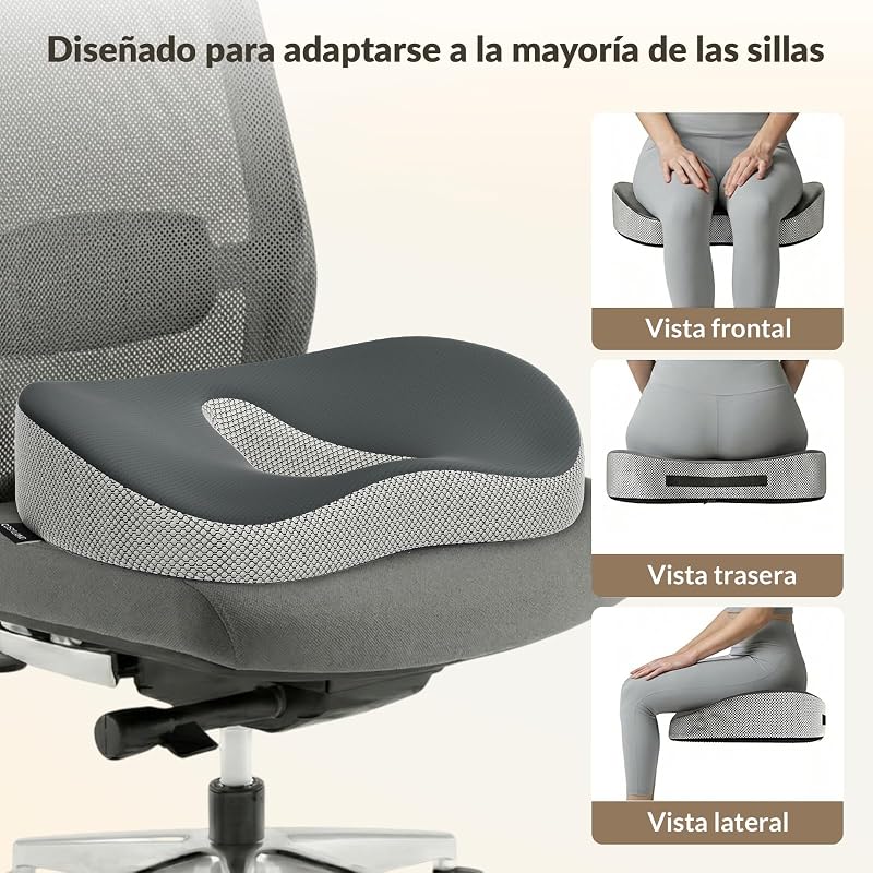 Almofada de cadeira de escritório, almofada ergonómica para cóccix viscoelástico de espuma, almofada ideal para cadeira de computador, jogos e carro, capa lavável, cinzento, 44×37x10,5 cm