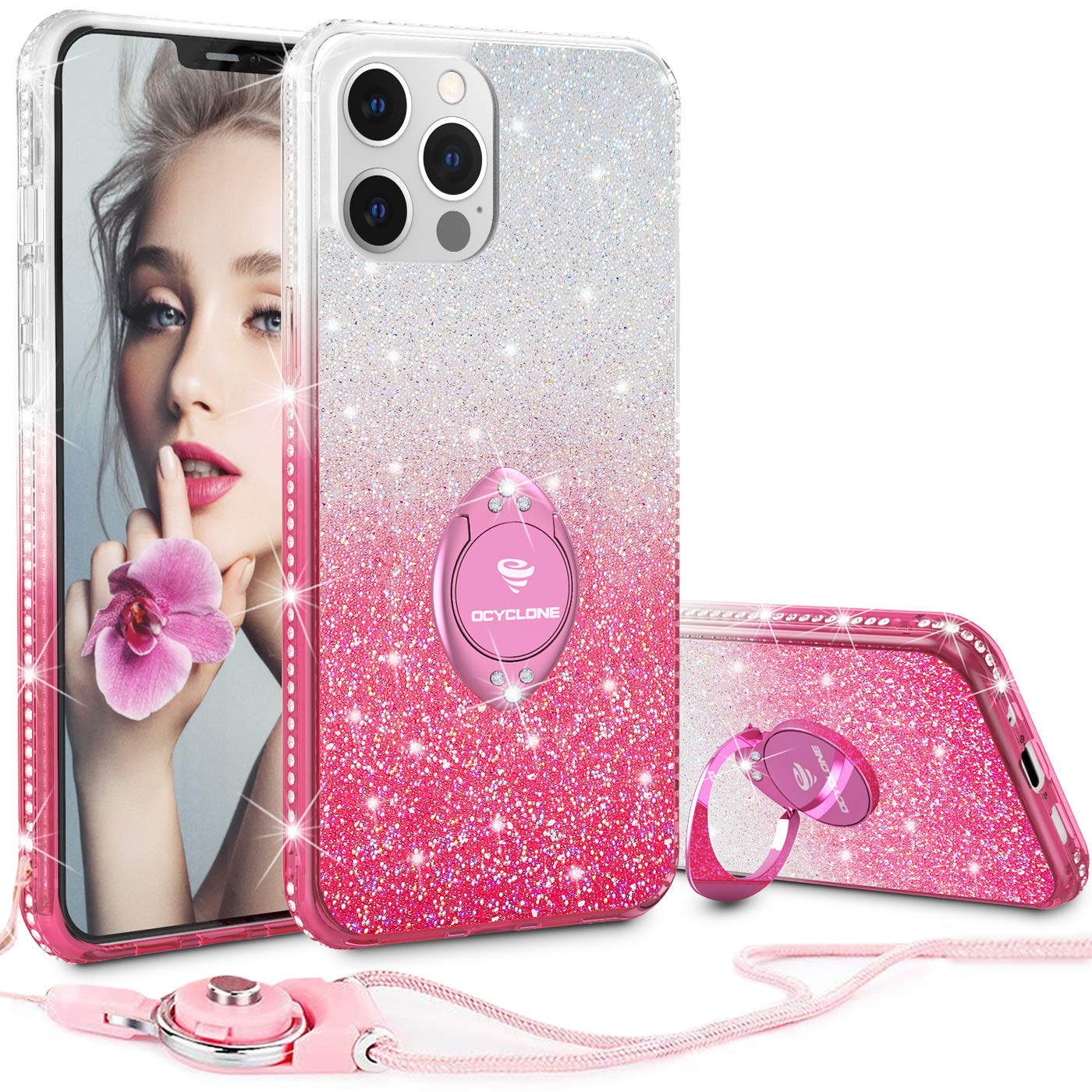 Glitter iPhone 11 Pro Max Case, Full Body Luxury Cute Bling Diamond Rhinestone with Ring Grip Kickstand Protective Thin Girly Phone Case for Women Girl iPhone 11 Pro Max Case [6.5 inch], Gradient Pink