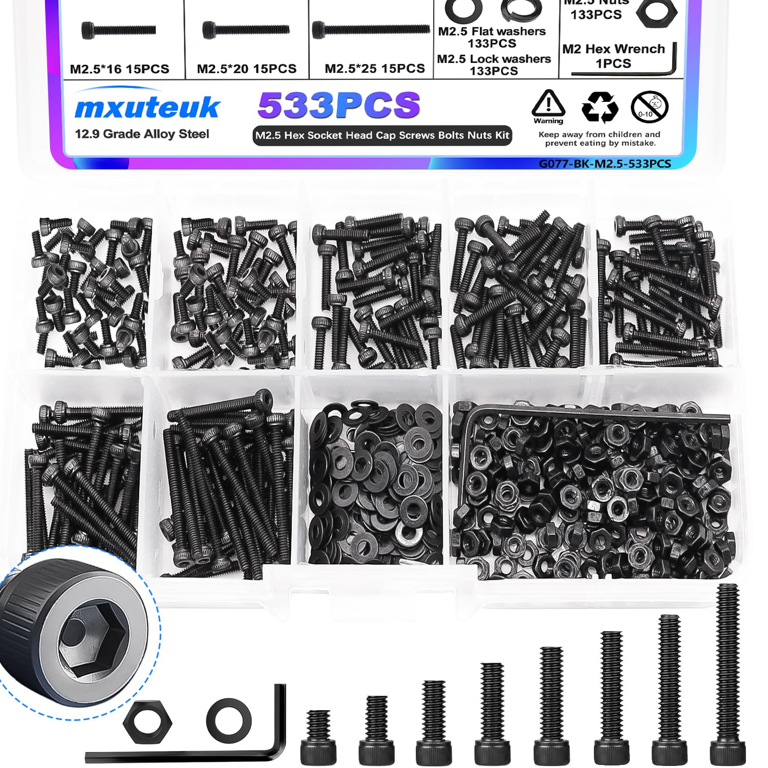 Photo 1 of mxuteuk M2.5 Screws Kits,4/6/8/10/12/16/20/25mm Hex Socket Head Cap Screws Bolts Nuts Kit,12.9 Grade Alloy Steel Assorted Screws with Hex Wrench (533Pcs)