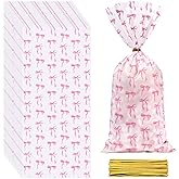 Glavatrix 100Pcs Pink Bow Cellophane Treat Bags Coquette Pink Party Favor Bags Plastic Candy Gooide Bags with Twist Ties for Birthday Wedding Baby Shower Cookie Snack Gift Wrapping Supplies,5 X 11inch