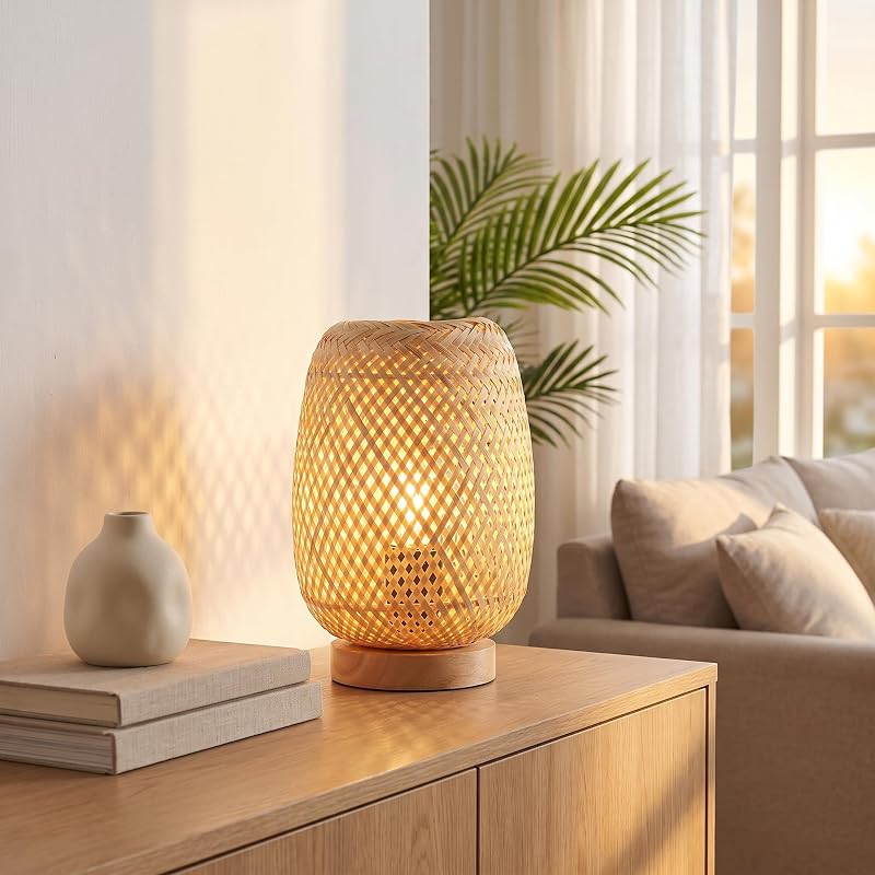 BARCELONA LED – Candeeiro de mesa em vime e madeira "Ruka" – Design feito à mão com abajur em treliça. Rústico, estilo Boho Natural. E27 – Candeeiro de mesa ideal para sala de estar, quarto.