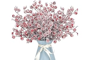 KUNJOCY 12 Pack Artificial Red Berry Stems Frosted Holly Berry Picks Christmas Picks Sprays Snowy Berry Twig Branches for Xmas Tree Garland Wreath Craft Supplies Table Centerpiece Home Decorations (Red, 12)