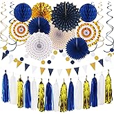 Navy-Blue White-Gold Graduation Party-Decorations - 33pcs Kits Banner, Streamers Tassel Garland,Tissue Pom Poms Honeycomb, Paper Lantern Fans,Wedding Birthday Baby Shower Backdrop Ceiling Decor Hugtmr