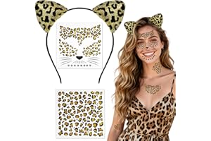 Voiiake Cheetah Leopard Ears Headband with Face Stickers Tattoos - Cheetah Costume Women, Leopard Print Cat Ears Headband for Adult, Halloween Cosplay Accessories