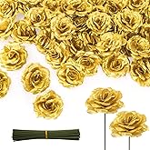 Youeon 100 Pcs 3.5 Inch Gold Artificial Rose Heads with Stems, Silk Rose Faux Flower Heads Bulk for DIY Wedding Bouquets, Party Table Centerpieces, Home Decor, Craft Floral Arrangements