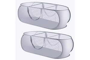 FACULX 2 Pack Mesh Foldable Laundry Basket, 3 Compartments Pop Up Mesh Hamper with Handles, Mesh Laundry Hamper for Laundry Room, Bathroom, Kids Room, College Dorm or Travel (grey)