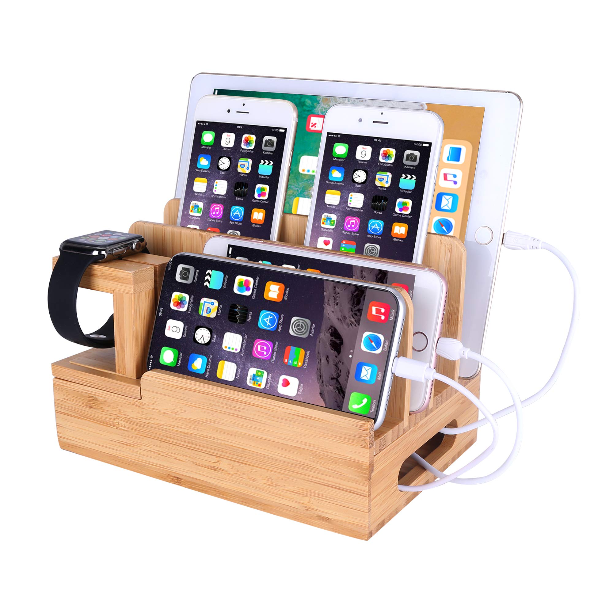 Bamboo Wood Desktop Organizer Charging Docking Station Charger Holder Cradle Charge Stand Compatible iPhone 16 15 14 13 Pro Max iPad Mini Air Pro Apple Watch Ulrta 10 9 8 7 6 5 4 3 2 iWatch Smartphone