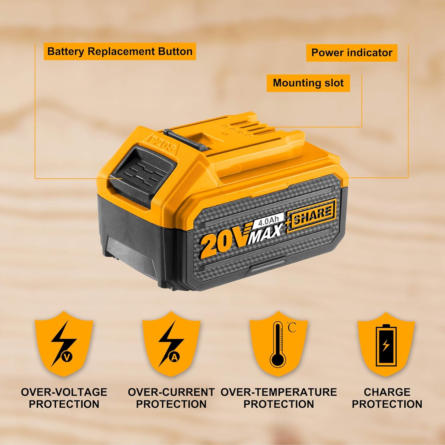 INGCO 20V 4.0Ah Lithium-Ion Battery Pack, ONLY Compatible with INGCO 20V Power Tools, Charger Not Included FBLI2002 - Image 4